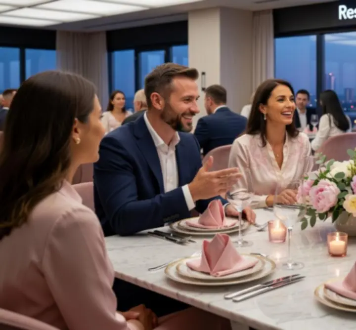 Goście przy elegancko nakrytym stole w restauracji Nocna View