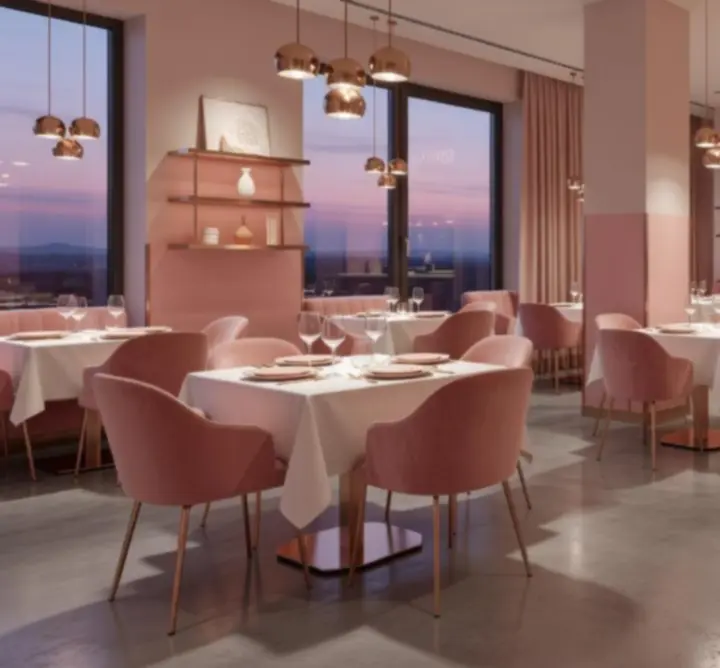 Eleganckie wnętrze restauracji Nocna View w ciepłych odcieniach różu i złota