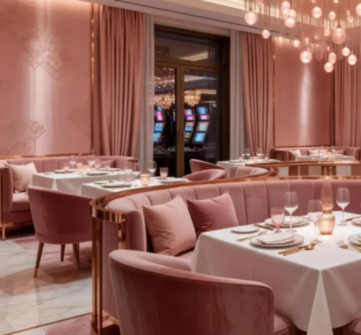 Eleganckie wnętrze restauracji Nocna View z miękkim, różowym oświetleniem.