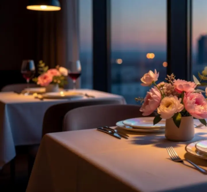 Stolik przy oknie w restauracji Nocna View, przygotowany na wieczorną kolację.